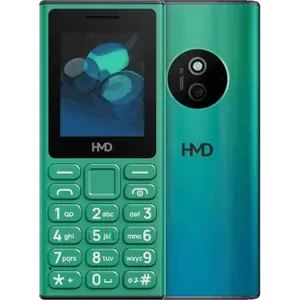 HMD 110 in Green, front with the 2.0-inch screen and keypad next to the back with the round camera module