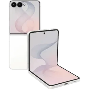 Samsung Galaxy Z Flip 8 in Cream, half folded with the FlexWindow