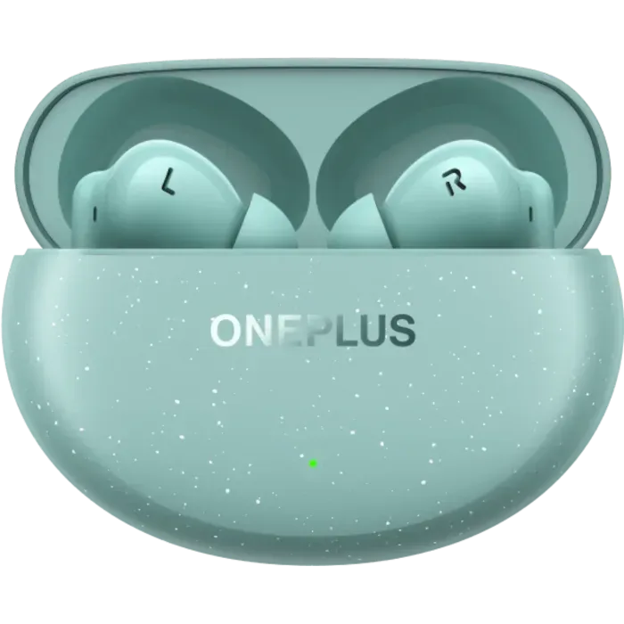 OnePlus Nord Buds 3 Pro true wireless noise cancelling earbuds in Soft Jade, open charging case with both earbuds, top view