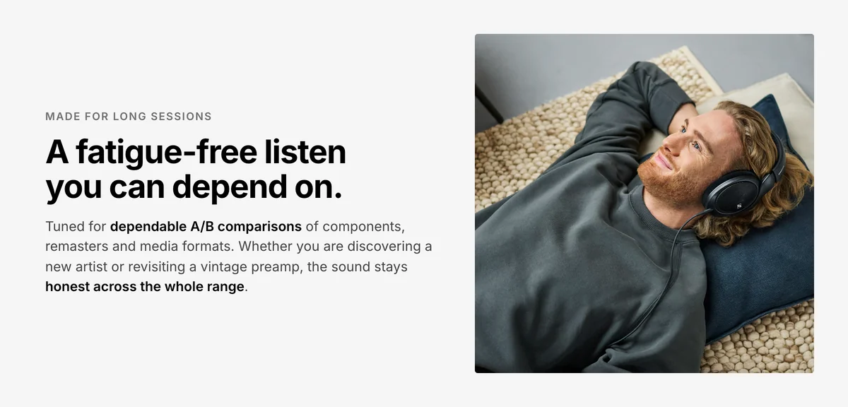 Listener lying down wearing Sennheiser HD 560S headphones for a long, fatigue-free session