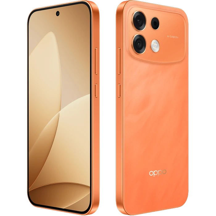 OPPO F35 Pro 5G in Sunrise Orange, front and back views at an angle