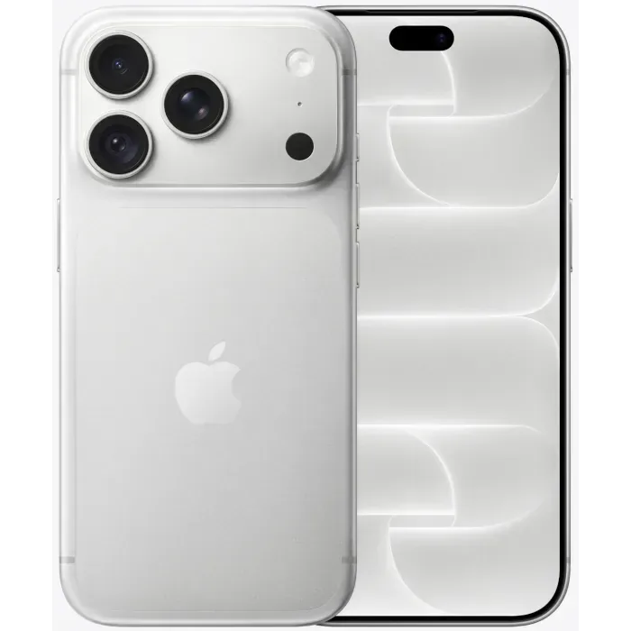 Apple iPhone 18 Pro in Silver, back with the triple camera plateau next to the front with the Dynamic Island