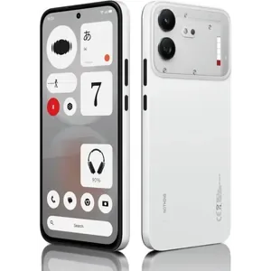 Nothing Phone (4b) in White, back and front views side by side, showing the dual camera, the Glyph Bar and the home screen