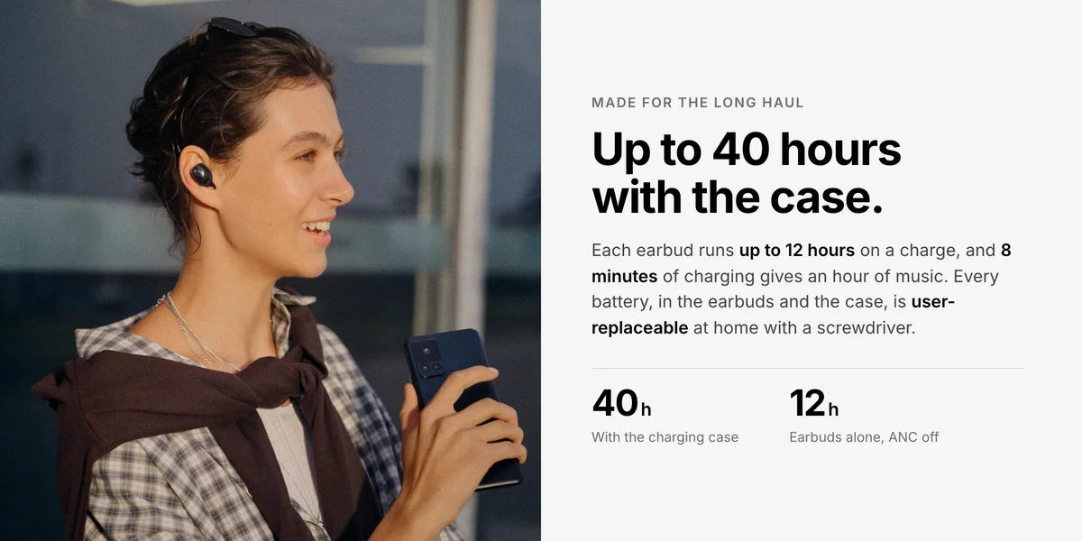Woman wearing Sennheiser Momentum True Wireless 5 earbuds, 12 hours per charge, 40 hours with the case