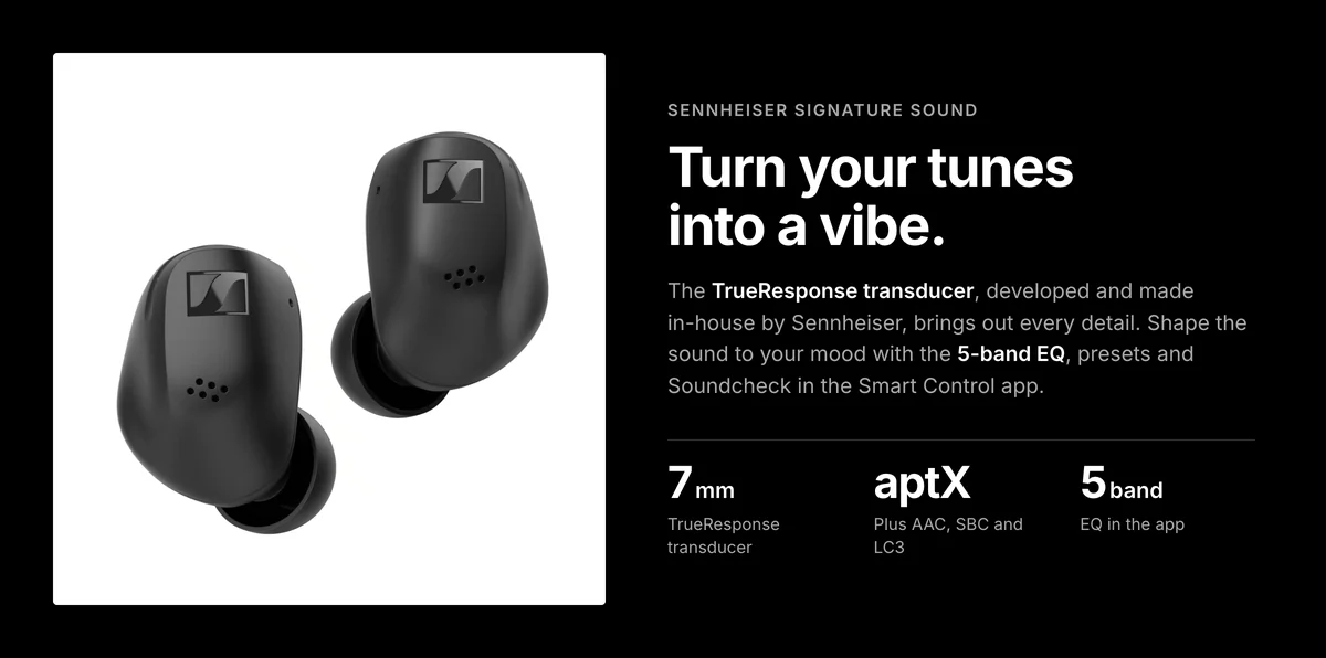 Sennheiser Accentum True Wireless 7 mm TrueResponse transducer, aptX, AAC, SBC and LC3, 5-band EQ in the app