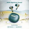 boAt Airdopes 141 ANC true wireless earbuds in Green, earbuds above the charging case, boAt Signature Sound and Balanced EQ modes