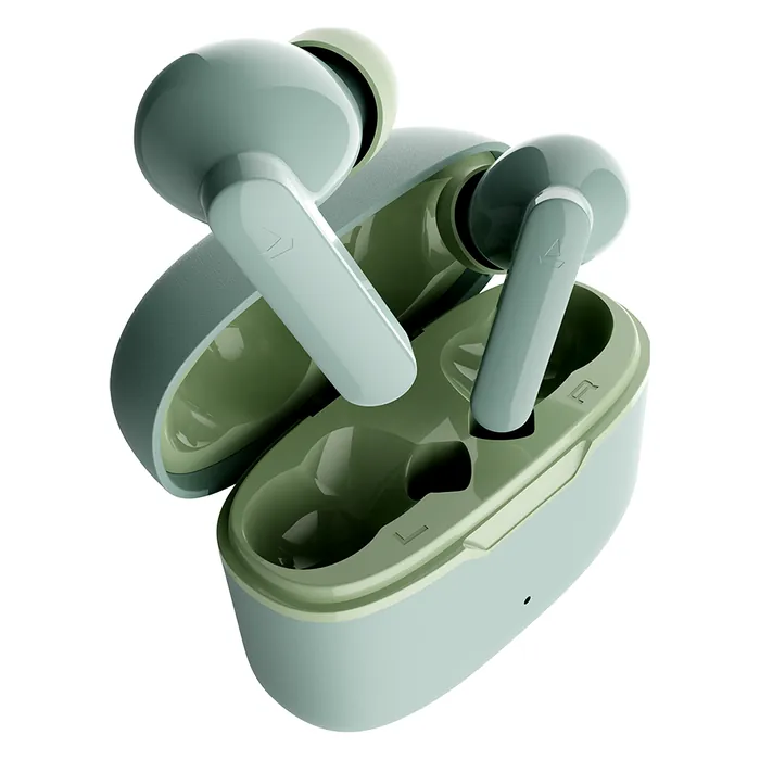 boAt Airdopes Ultra Plus true wireless earbuds in Olive Slate, earbuds in the open charging case