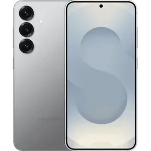 Samsung Galaxy S25 in Silver Shadow, back and front views side by side, showing the triple camera and the 6.2-inch screen