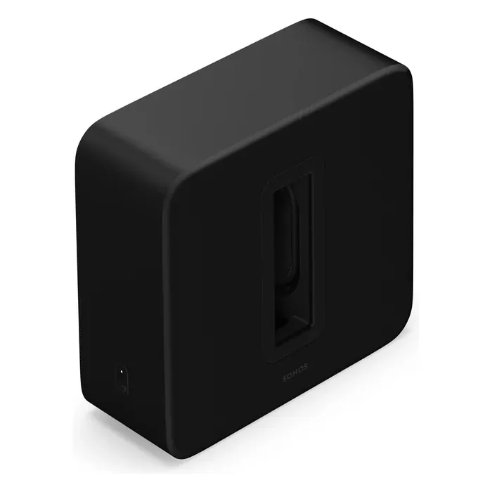 Sonos Sub 4 wireless subwoofer in Black, angled front view