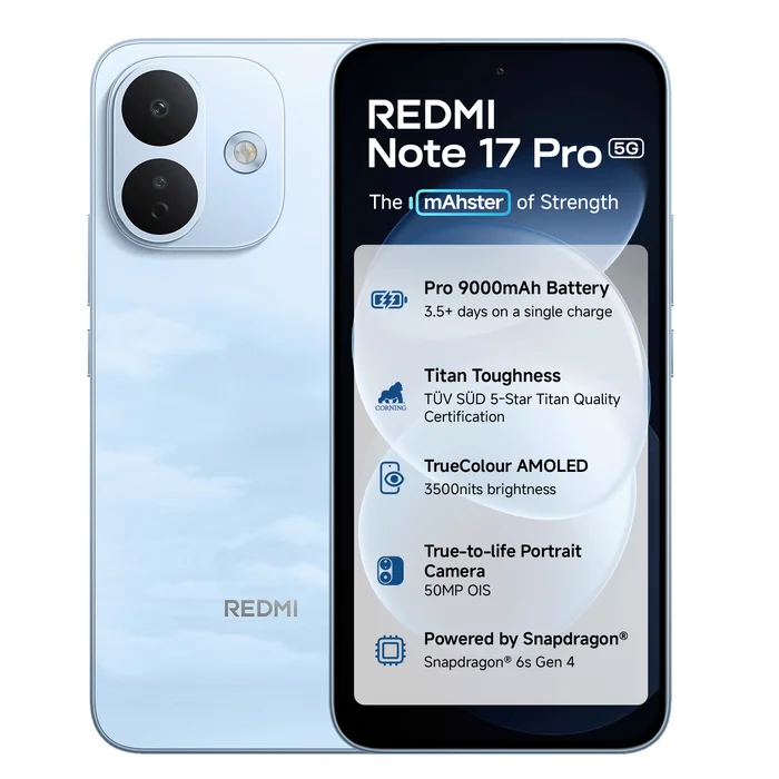 Redmi Note 17 Pro 5G in Cloud Blue, front and back views
