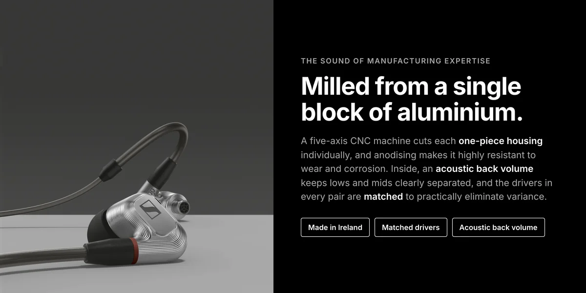 Sennheiser IE 900 one-piece housing milled from a single block of aluminium, made in Ireland