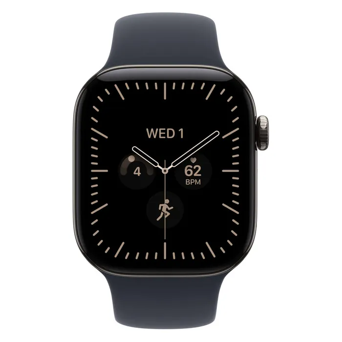 Apple Watch Series 12 42mm in Natural Titanium with the Navy Blue Sport Band, front view with the watch face on