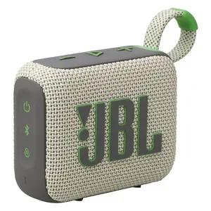 JBL Go 4 portable Bluetooth speaker in Sand, angled front view