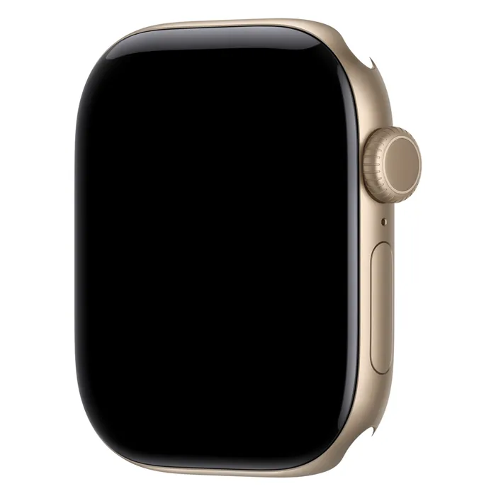 Apple Watch Series 12 42mm Light Gold Aluminium case on its own, showing the Digital Crown and side button