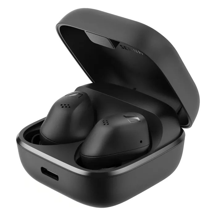 Sennheiser Accentum True Wireless noise cancelling earbuds in Black, earbuds in the open charging case