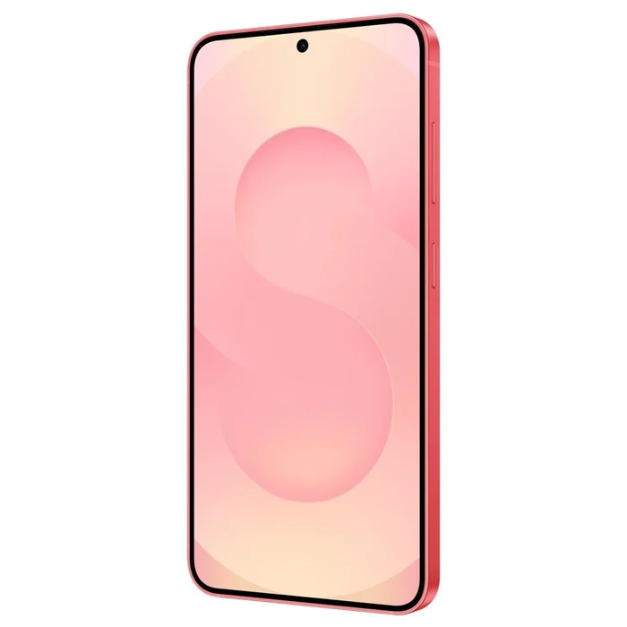 Samsung Galaxy S25 in Coralred, angled front view from the other side, showing the side keys