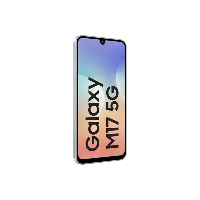Samsung Galaxy M17 5G in Moonlight Silver, angled front view of the 6.7-inch screen
