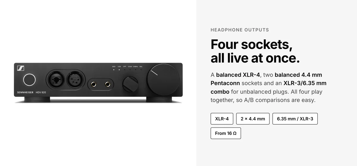 Sennheiser HDV 820 front with XLR-4, two 4.4 mm Pentaconn and an XLR-3/6.35 mm combo socket
