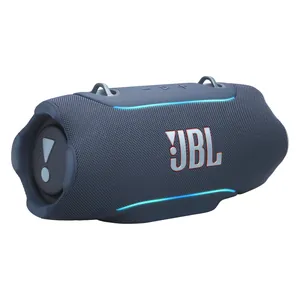 JBL Xtreme 5 portable Bluetooth speaker in Blue, angled front view with the edge lighting on