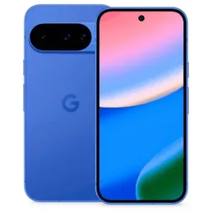 Google Pixel 10 in Indigo, back and front views side by side, showing the camera bar and the 6.3-inch screen