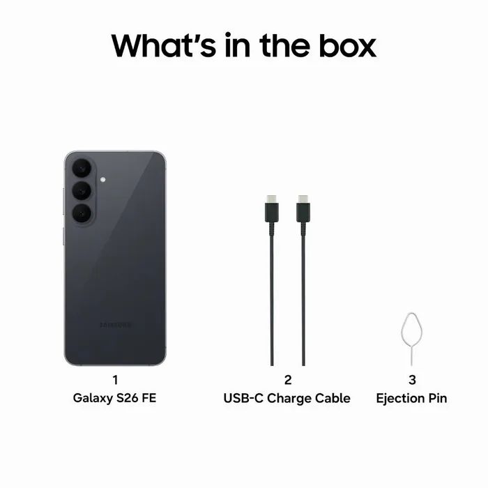 What's in the box: Galaxy S26 FE in Graphite, USB Type-C cable and ejection pin