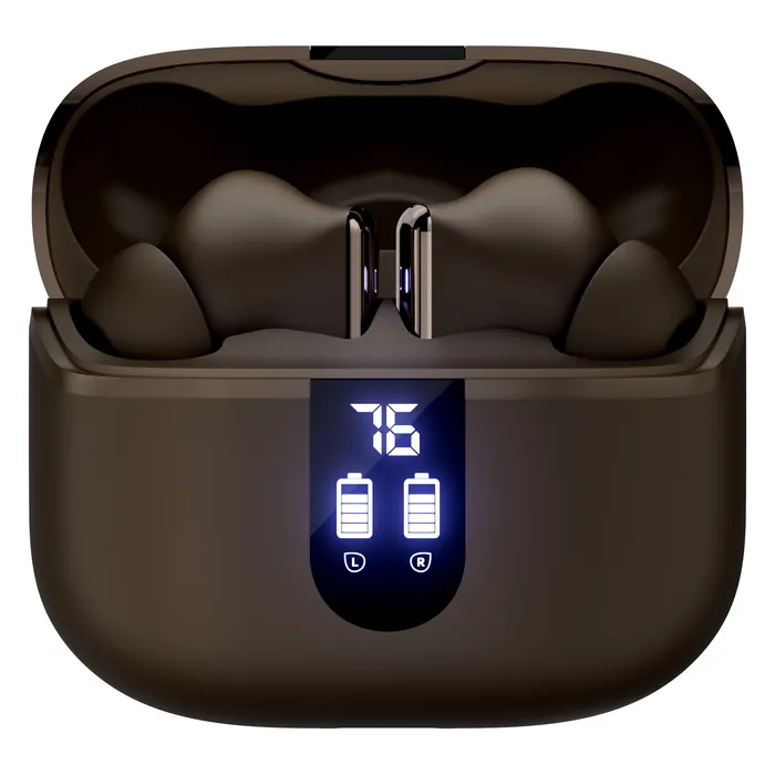 boAt Airdopes 181 Pro true wireless earbuds in Mocha Elegance, earbuds in the open charging case with the digital battery display