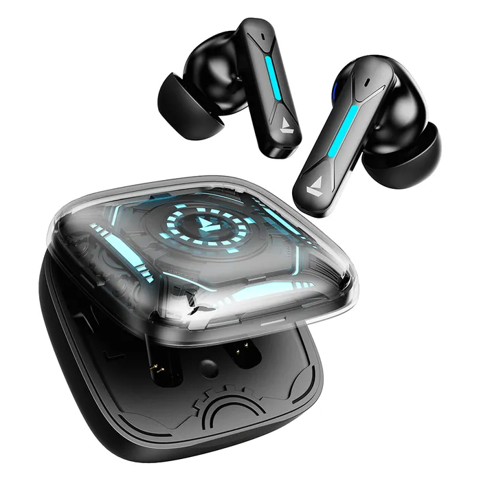 boAt Immortal Airspeed Pro noise cancelling gaming earbuds in Black Sabre, earbuds with the open see-through charging case