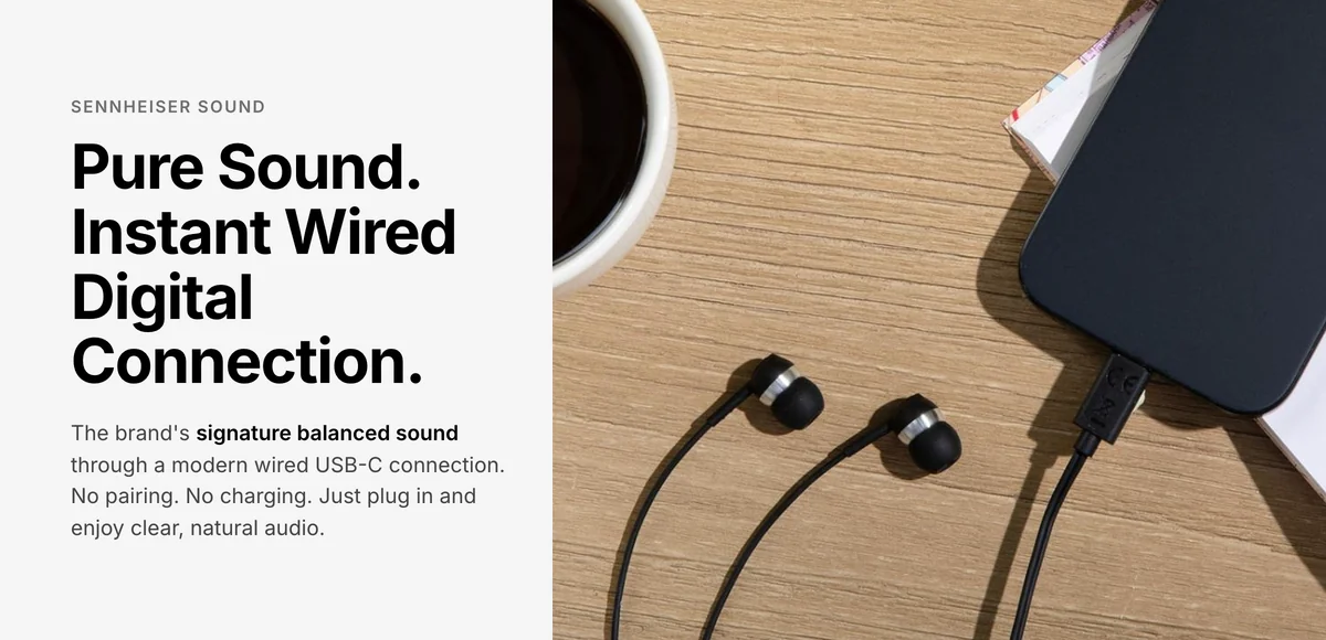 Sennheiser CX 80U wired USB-C earphones on a desk plugged into a phone, pure sound with an instant wired digital connection