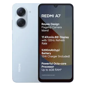Redmi A7 4G in Sky Blue, back and front views with key features