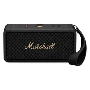 Marshall Middleton portable Bluetooth speaker in Black and Brass, front view with the carry strap