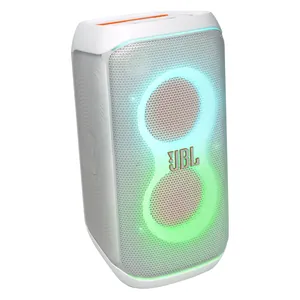 JBL PartyBox Club 120 portable party speaker in White, angled front view with the light show on