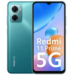 Redmi 11 Prime 5G in Meadow Green, front and back views