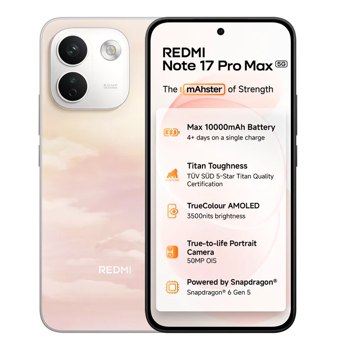 Redmi Note 17 Pro Max 5G in Secret Sunrise, front and back views