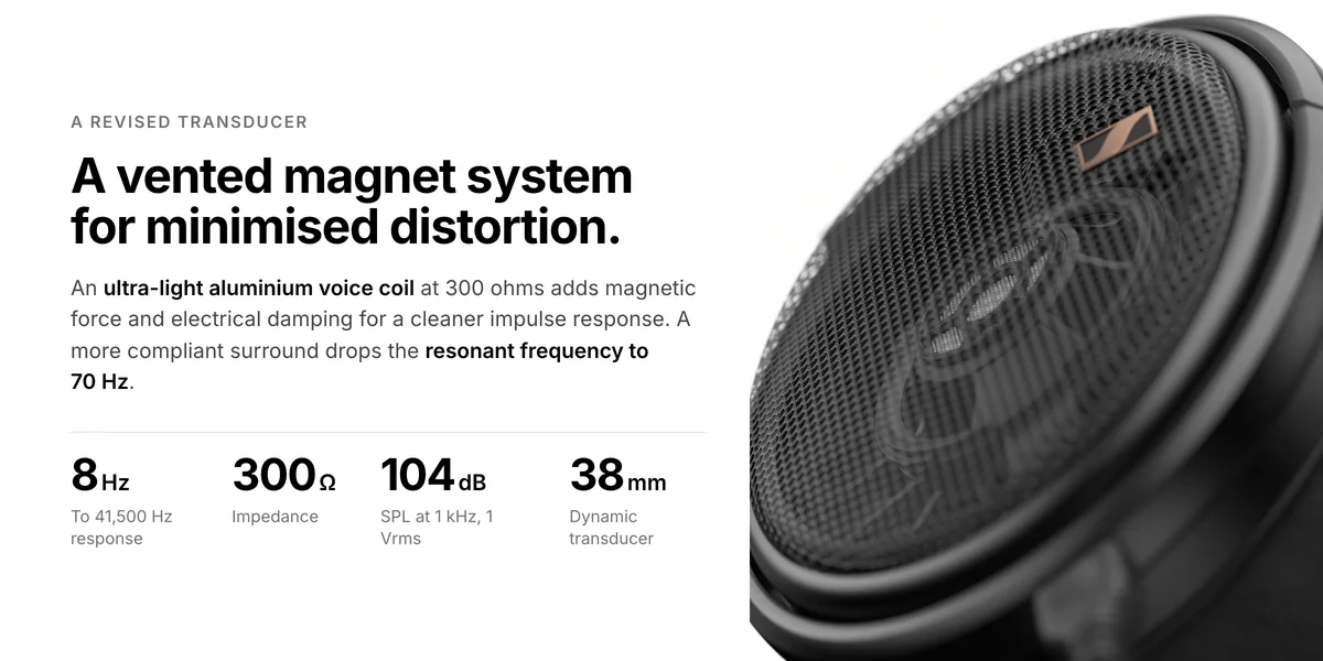 Sennheiser HD 660S2 driver close-up, vented magnet system, 8 Hz to 41,500 Hz, 300 ohm, 104 dB, 38 mm