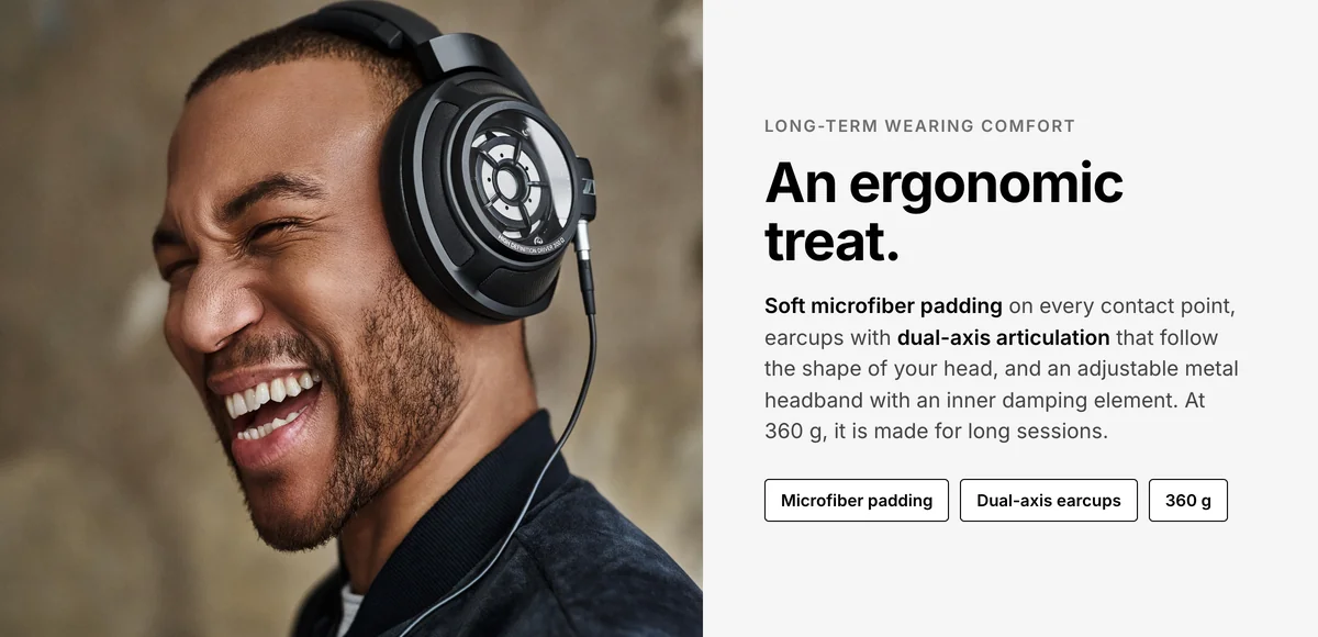 Listener wearing Sennheiser HD 820, microfiber padding and dual-axis earcups, 360 g