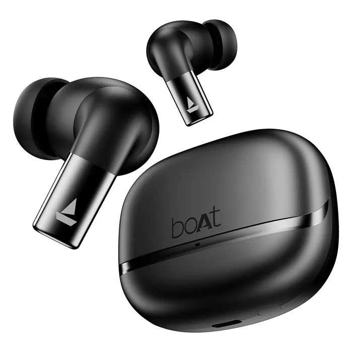 boAt Airdopes Ultra Pro true wireless earbuds in Gunmetal Black, earbuds and charging case