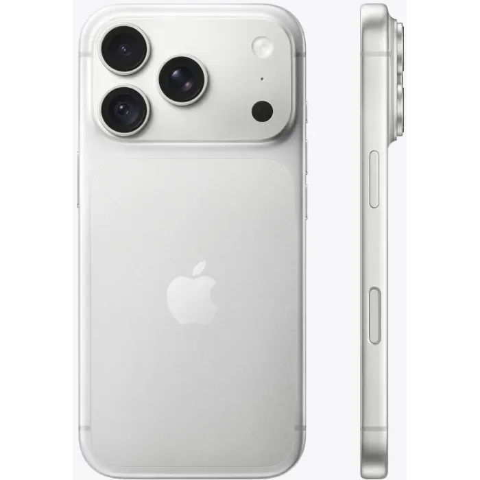 Apple iPhone 18 Pro in Silver, back view next to the side profile with the buttons