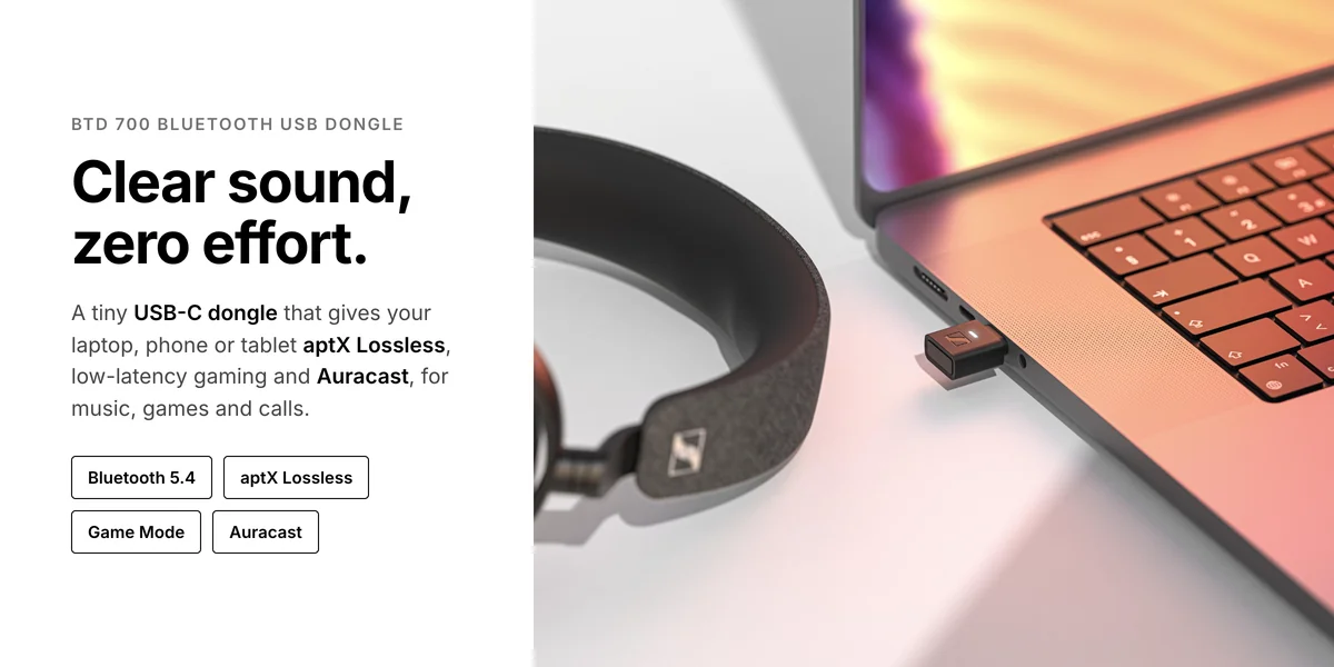 Sennheiser BTD 700 USB-C Bluetooth dongle in a laptop with Momentum 4 Wireless, aptX Lossless and Auracast
