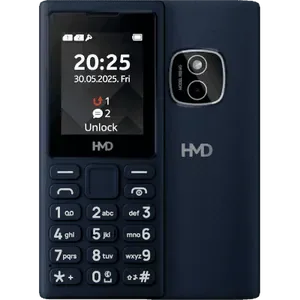 HMD 102 4G in Dark Blue, front view with the 2-inch screen and keypad, next to the back with the camera and HMD logo