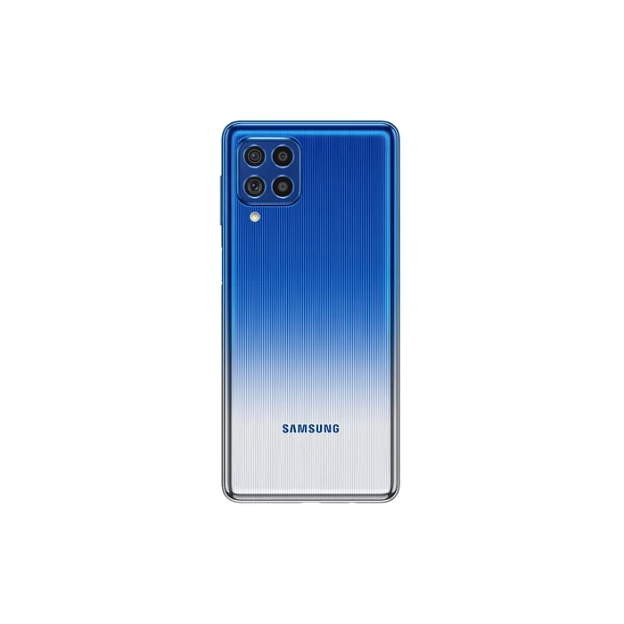 Samsung Galaxy F62 4G in Laser Blue, back view with the quad camera