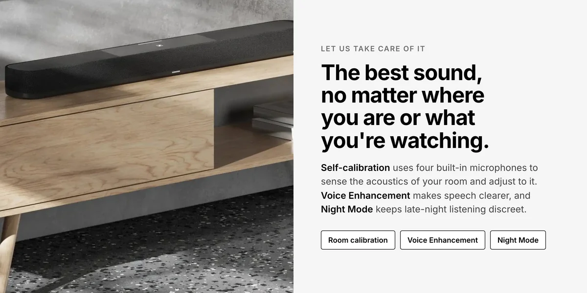 Sennheiser Ambeo Soundbar Plus on a TV stand, room self-calibration, Voice Enhancement and Night Mode