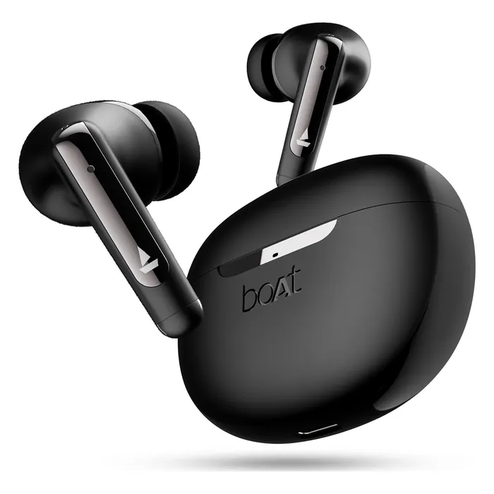 boAt Airdopes 141 ANC true wireless earbuds in Gunmetal Black, earbuds with the open charging case