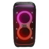JBL PartyBox Stage 320 portable Bluetooth party speaker in Black, front view with figure-eight light rings