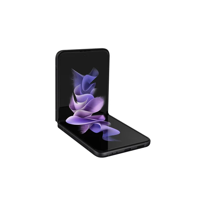 Samsung Galaxy Z Flip 3 in Phantom Black, half open in Flex mode, angled view