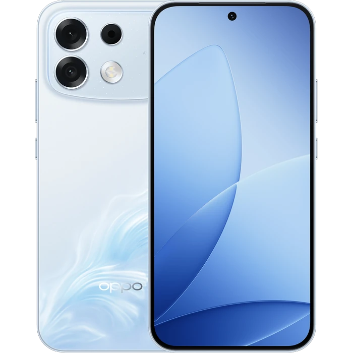 OPPO F35 Pro 5G in Wave Blue, back and front views with the pale blue back and triple-lens camera platform