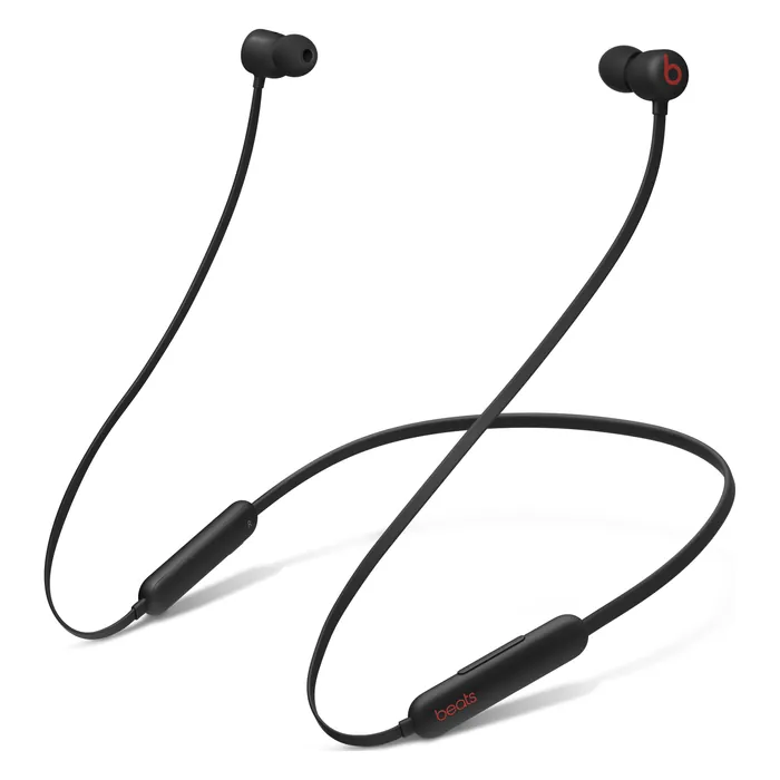 Beats Flex wireless neckband earphones in Beats Black, angled view of the neckband and earbuds