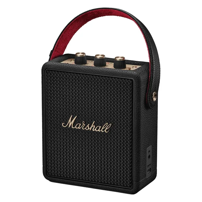 Marshall Stockwell III portable Bluetooth speaker in Black and Brass, angled front view with the carry strap