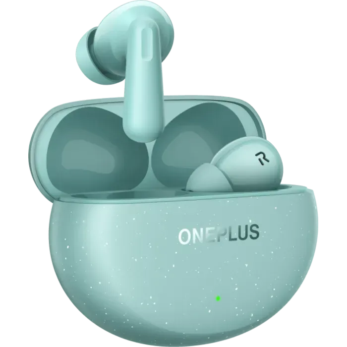 OnePlus Nord Buds 3 Pro true wireless noise cancelling earbuds in Soft Jade, earbud lifted out of the open charging case