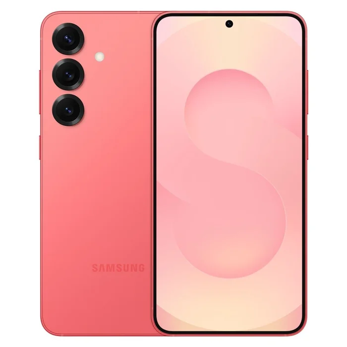 Samsung Galaxy S25 in Coralred, back and front views side by side, showing the triple camera and the 6.2-inch screen