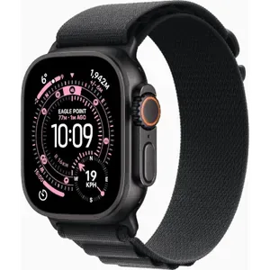 Apple Watch Ultra 3 in Black Titanium with the Black Alpine Loop, three-quarter view with the watch face on
